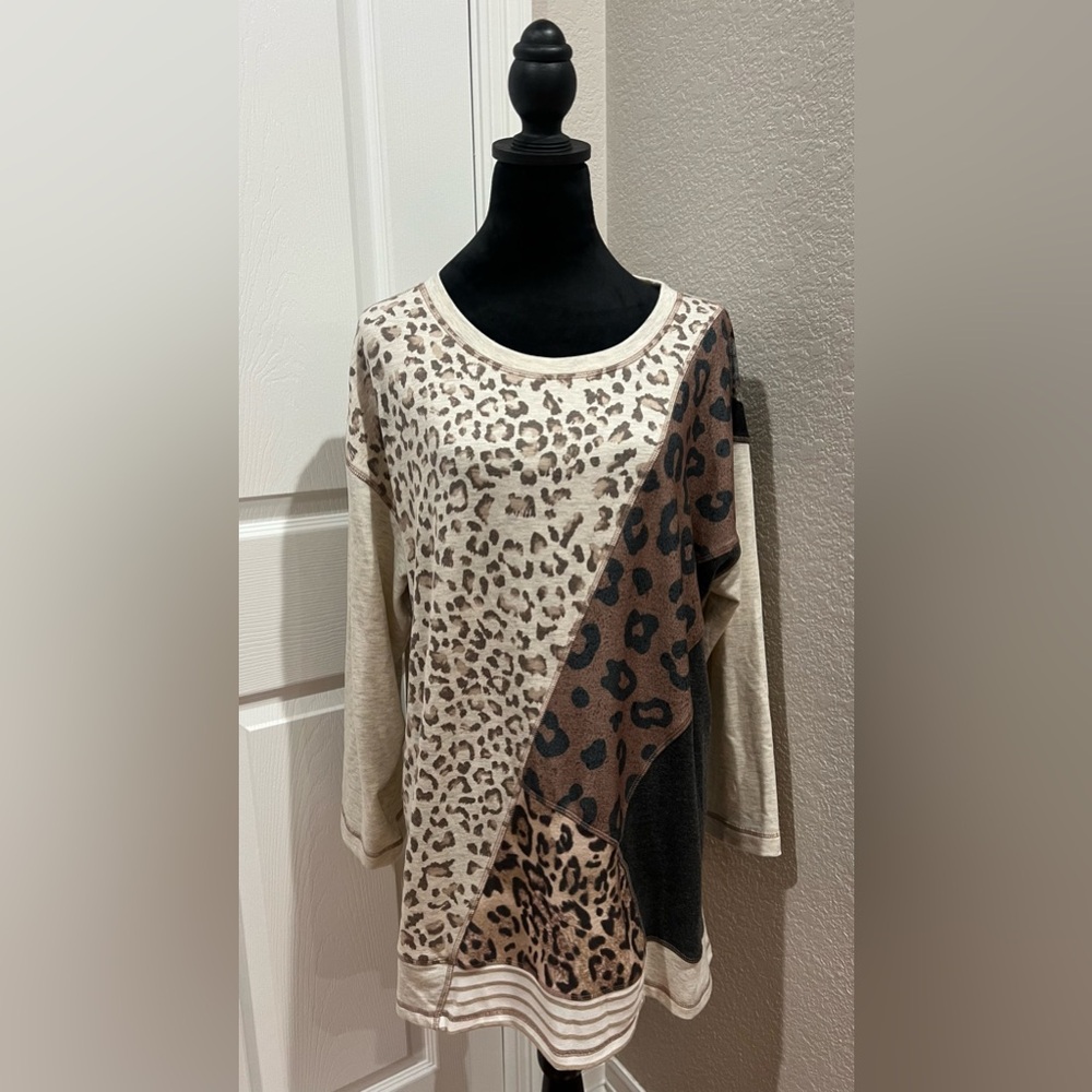 Ali Miles 3/4 Sleeve Mixed Cheetah Animal Print Knit Top Size XL Pullover Casual